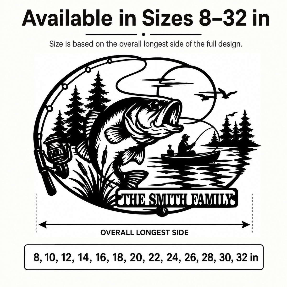 Compact Size Guide - Personalized Fishing Metal Sign Custom Family Name Bass Fishing Wall