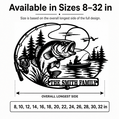 Compact Size Guide - Personalized Fishing Metal Sign Custom Family Name Bass Fishing Wall