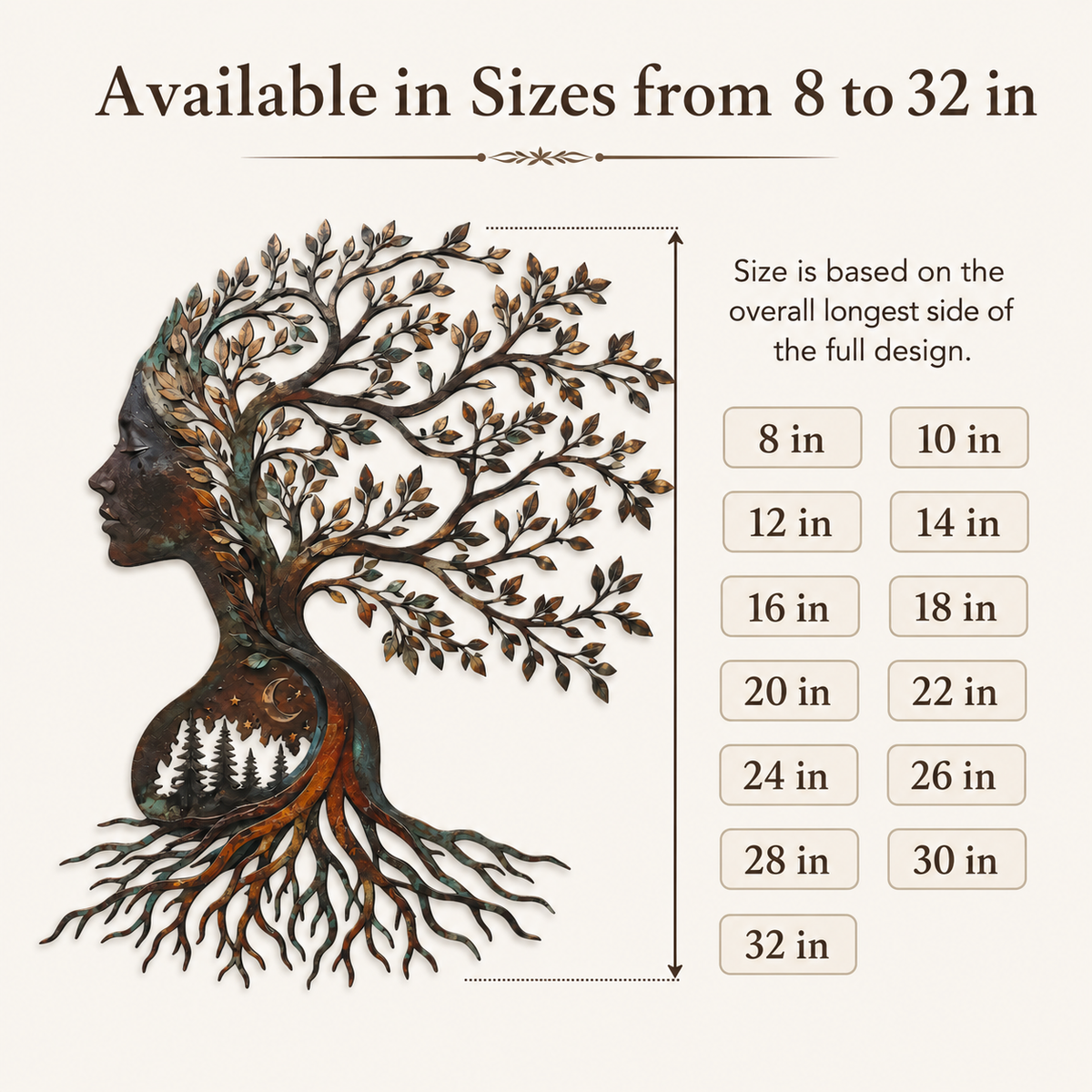Compact Size Guide - Woman Tree of Life Metal Wall Art Mother Nature Goddess