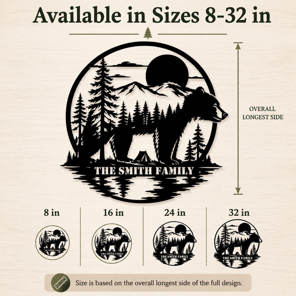 Compact Size Guide - Personalized Bear Metal Sign Custom Family Name Cabin Wall Decor