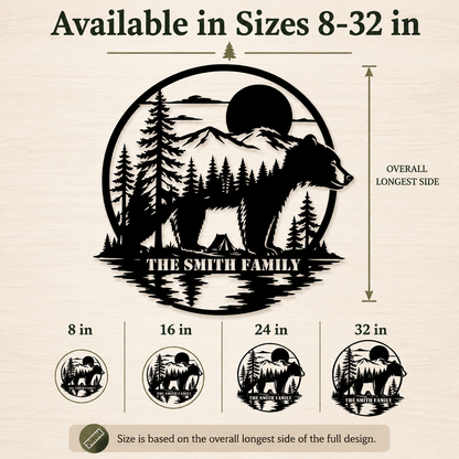 Compact Size Guide - Personalized Bear Metal Sign Custom Family Name Cabin Wall Decor