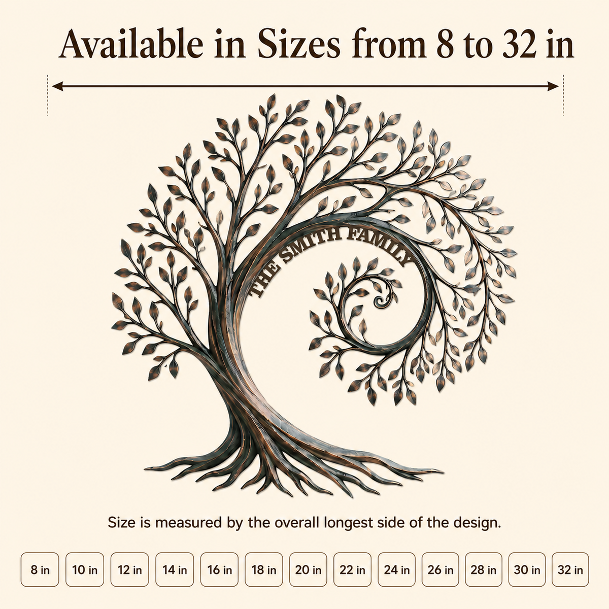Compact Size Guide - Personalized Family Tree Metal Wall Art Custom Family Name Sign