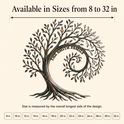 Compact Size Guide - Personalized Family Tree Metal Wall Art Custom Family Name Sign