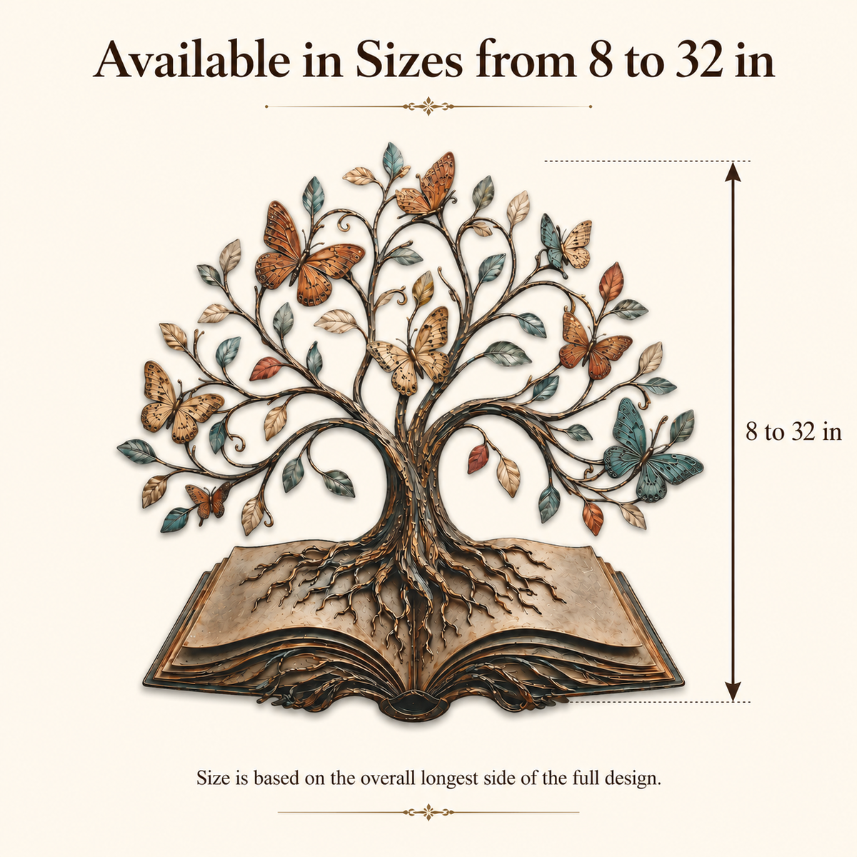 Compact Size Guide - Tree of Knowledge Metal Wall Art Open Book Butterfly Tree