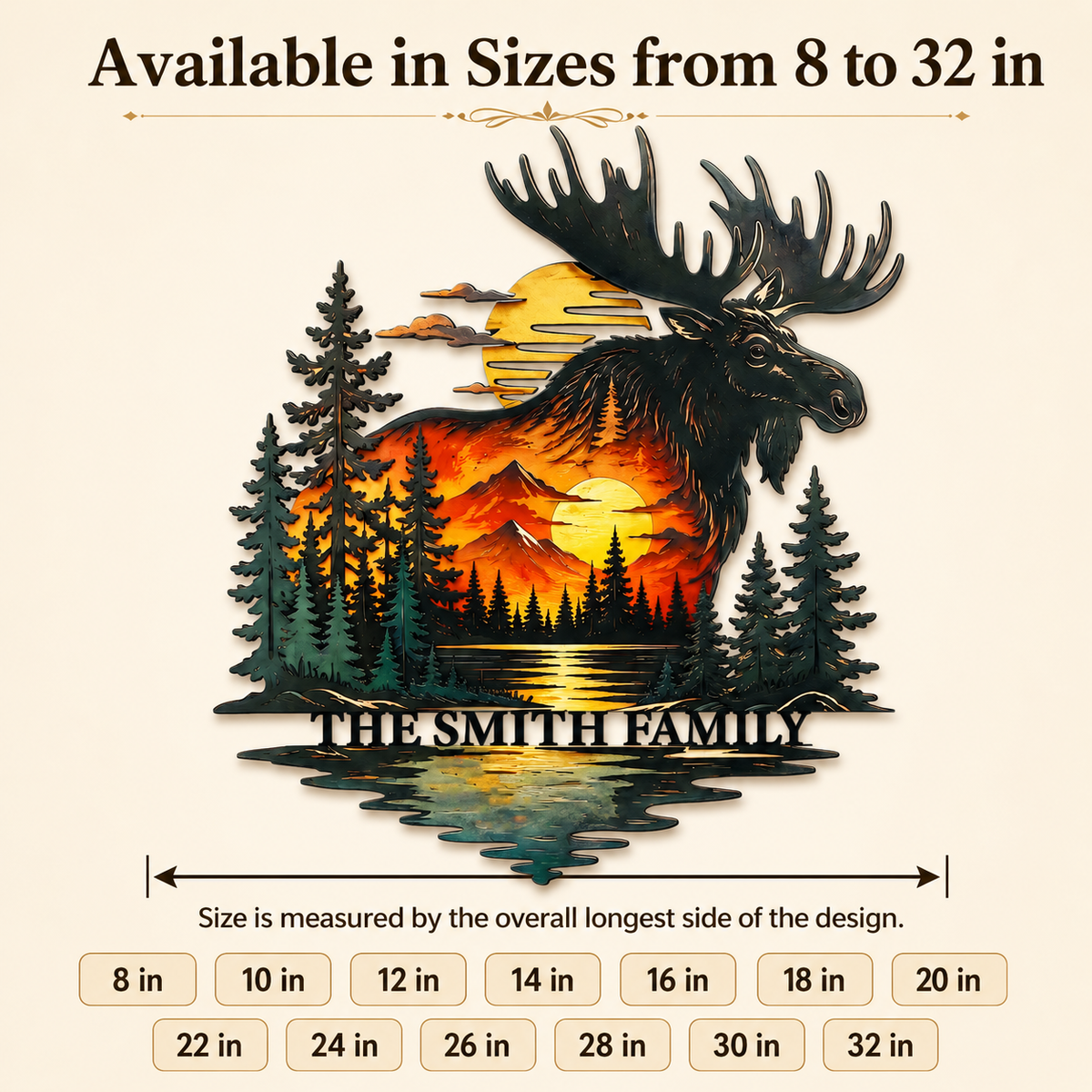 Compact Size Guide - Personalized Moose Metal Wall Art Custom Family Name Cabin Sign