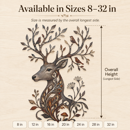 Compact Size Guide - Botanical Deer Metal Wall Art Woodland Wildlife Decor Deer Antler