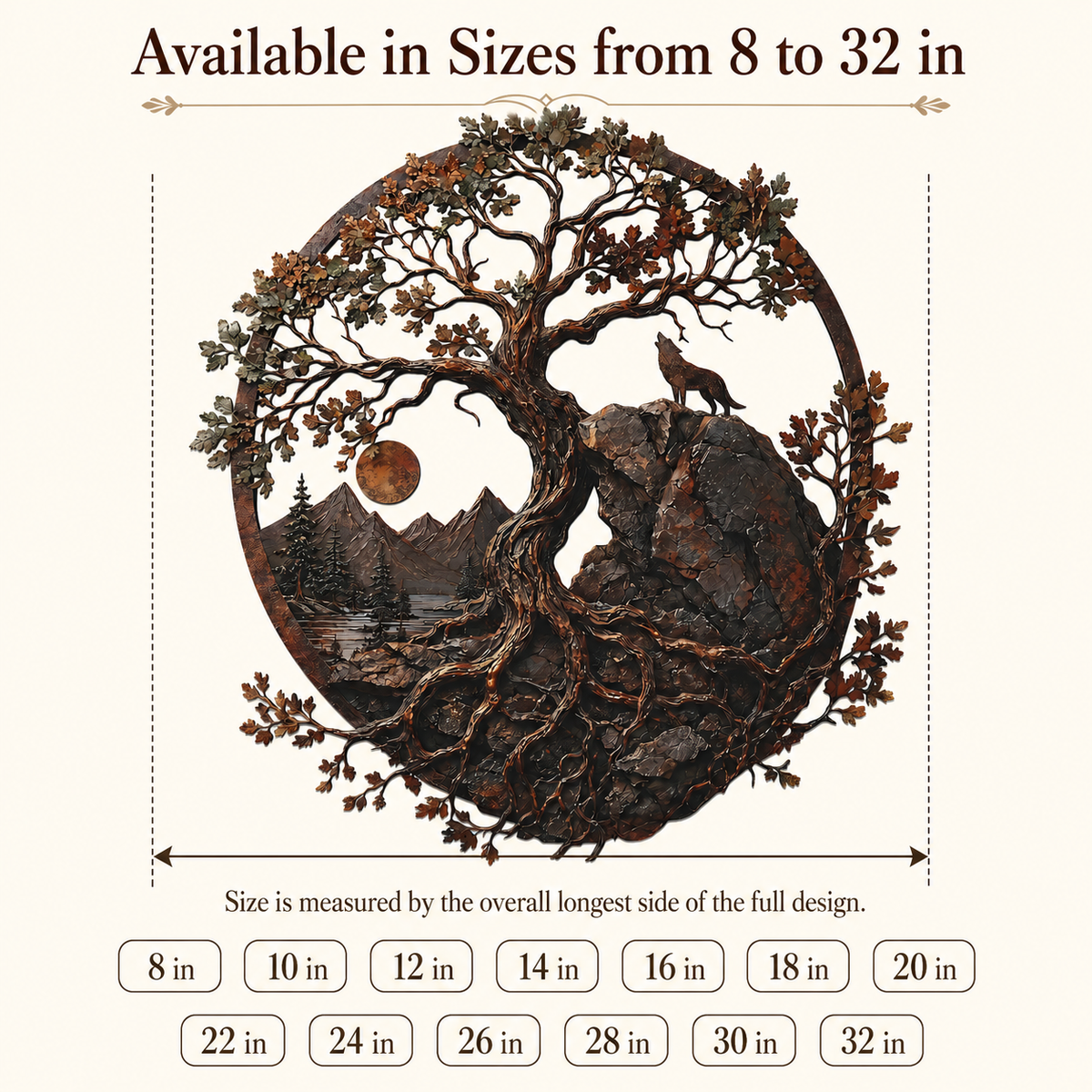 Compact Size Guide - Ancient Oak Tree Metal Wall Art Wolf Mountain Wilderness Decor