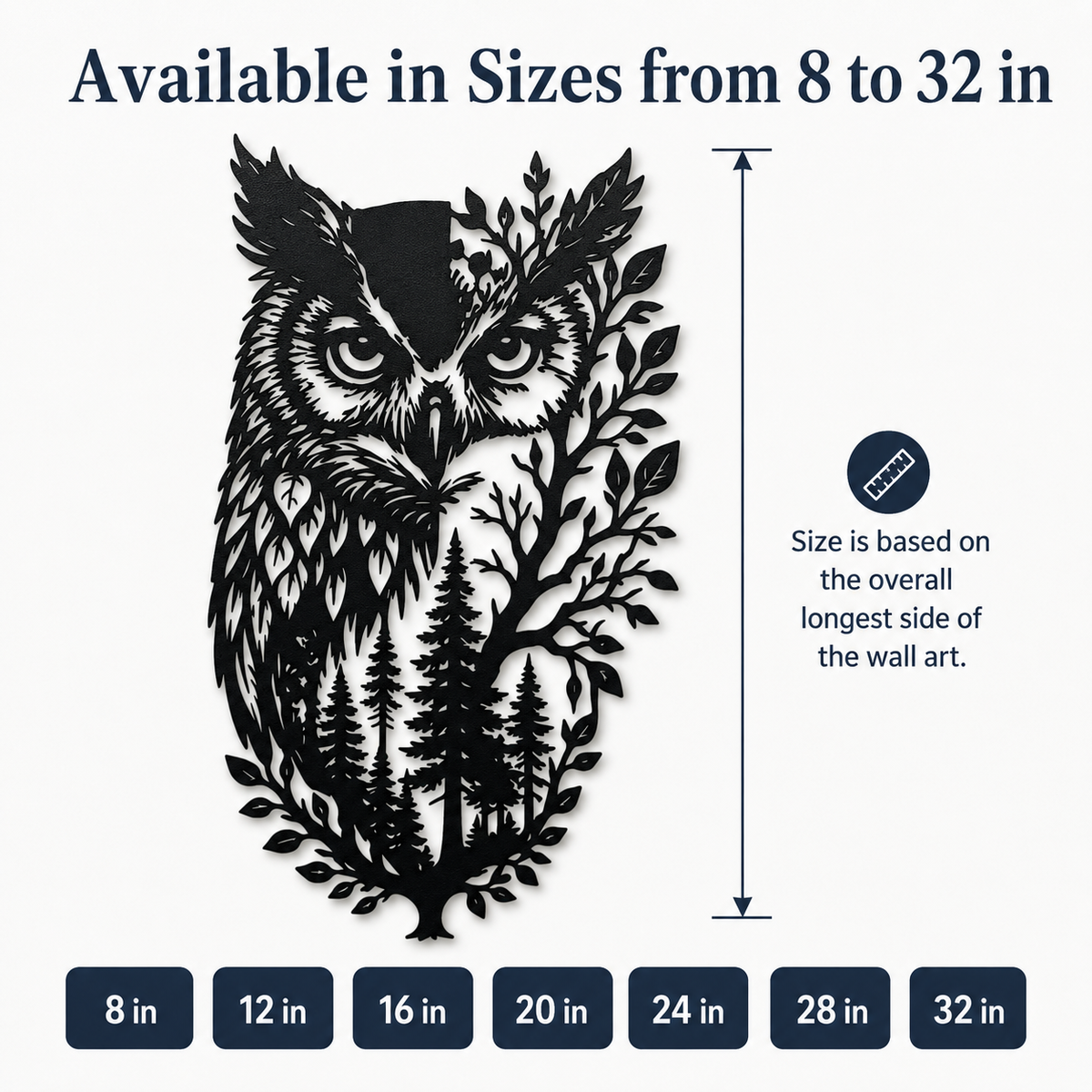 Compact Size Guide - Owl Metal Wall Art Wildlife Wall Decor Woodland Cabin Decor