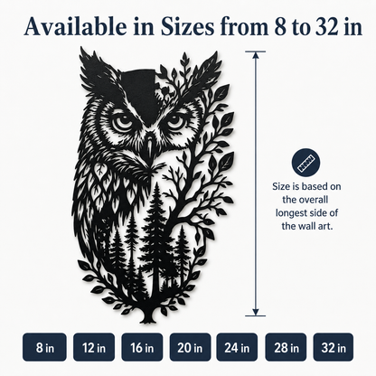 Compact Size Guide - Owl Metal Wall Art Wildlife Wall Decor Woodland Cabin Decor