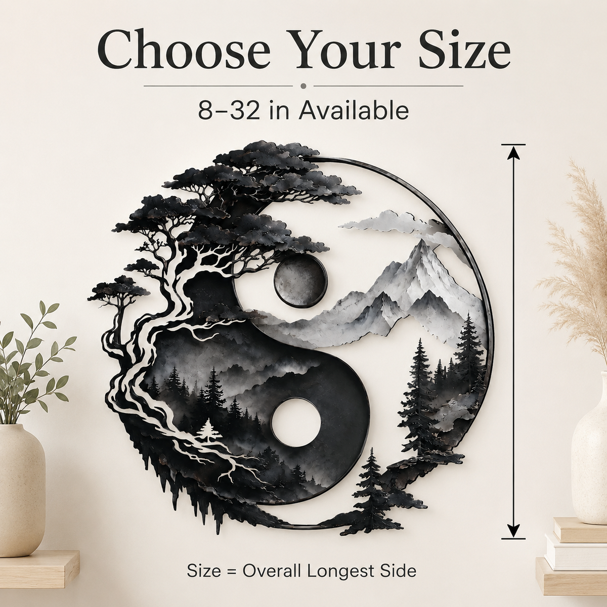 Yin Yang Metal Wall Decor, Mountain and Tree Wall Art, Zen Nature Wall Sign, Rustic Landscape Home Decor With LED — Compact Size Guide