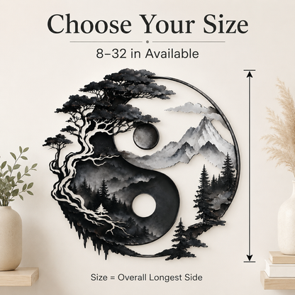 Yin Yang Metal Wall Decor, Mountain and Tree Wall Art, Zen Nature Wall Sign, Rustic Landscape Home Decor With LED — Compact Size Guide