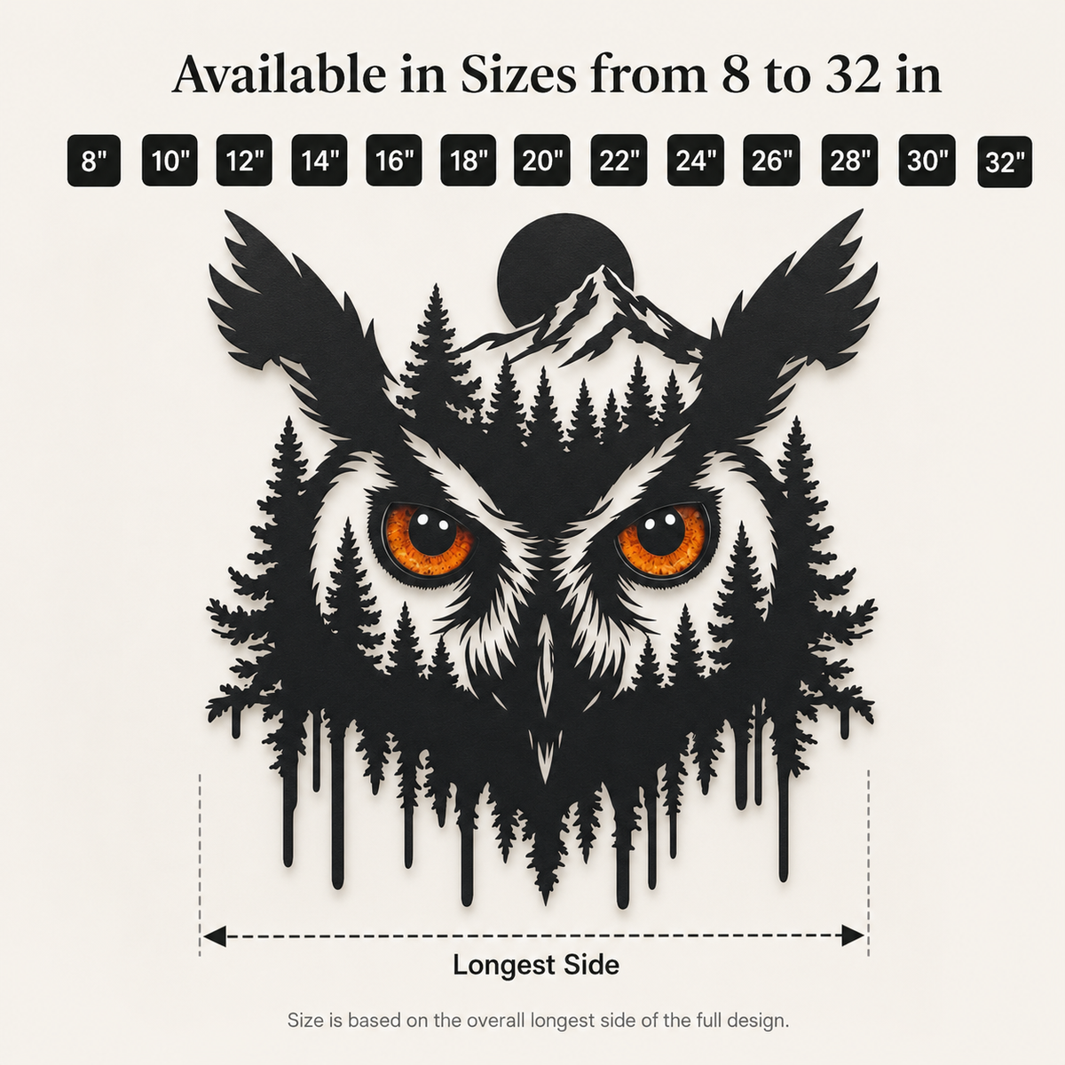Compact Size Guide - Owl Metal Wall Art Glowing Owl Eyes Wildlife Art Woodland