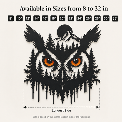 Compact Size Guide - Owl Metal Wall Art Glowing Owl Eyes Wildlife Art Woodland