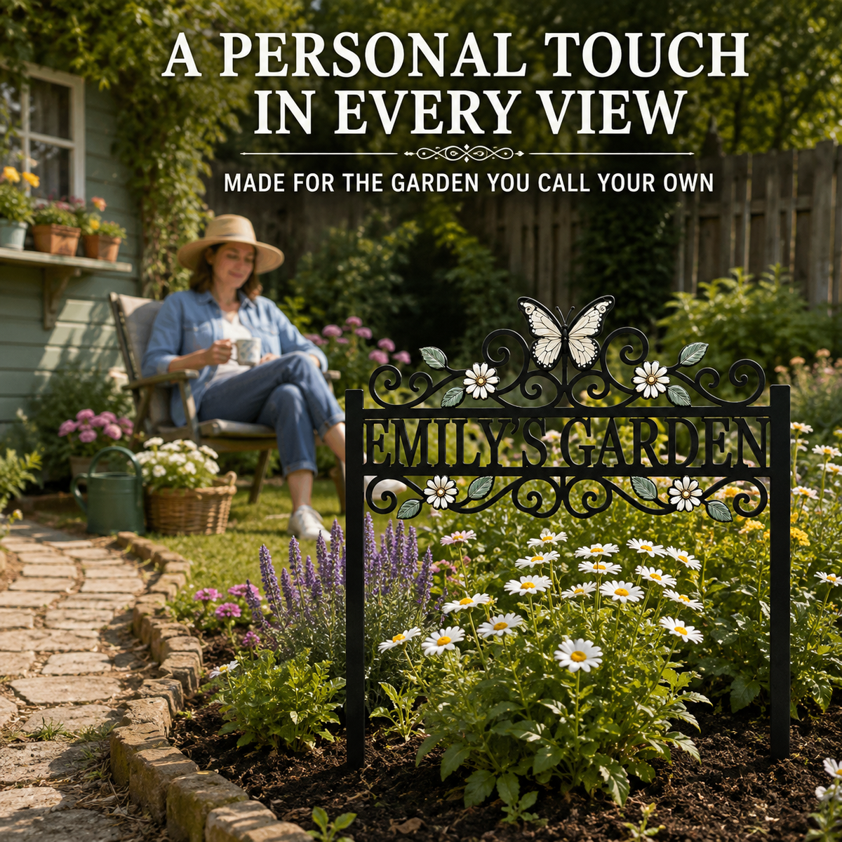 Garden Viewing Scene - Custom Name Garden Stake Personalized Butterfly Garden Decor Daisy Floral