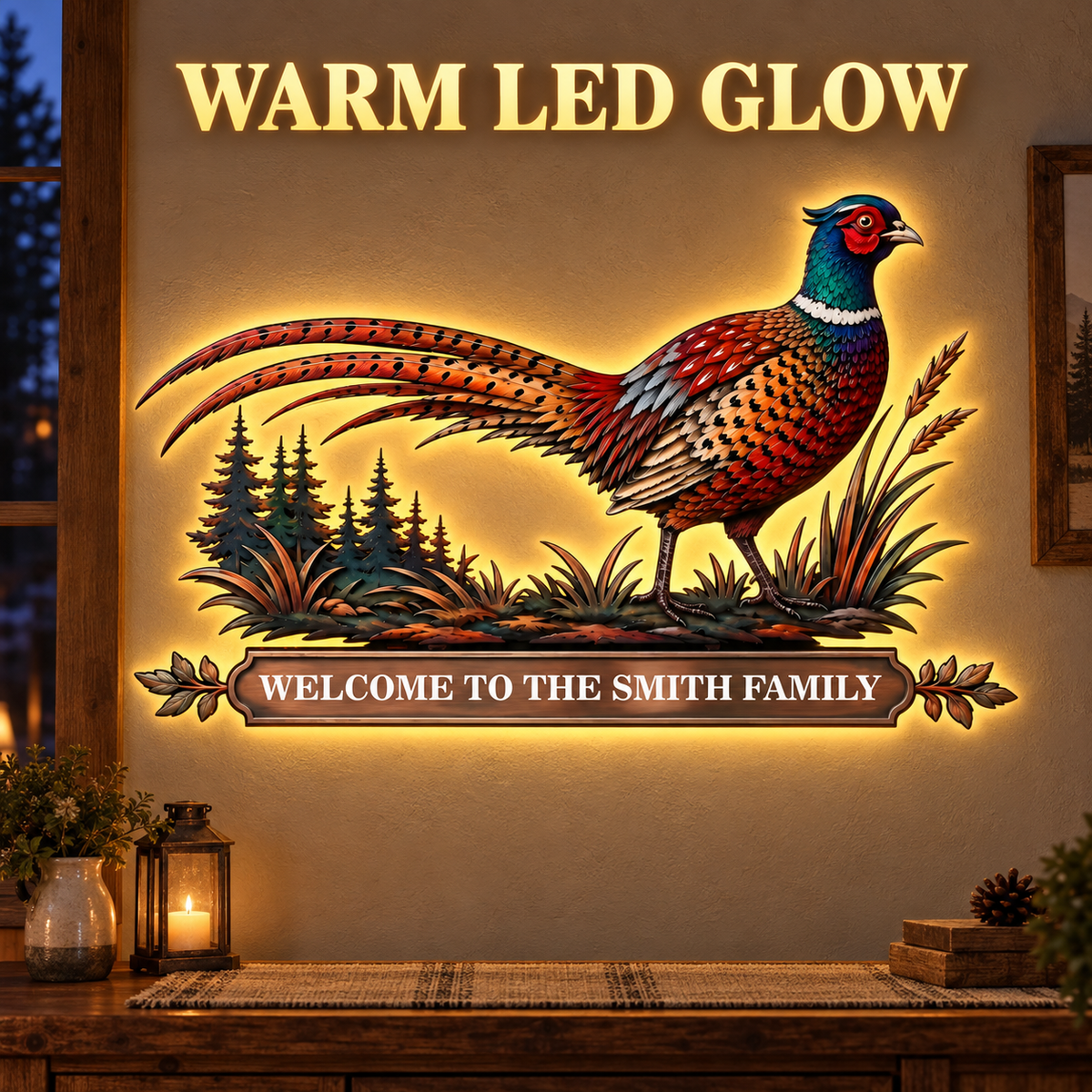 Personalized Pheasant Metal Wall Art Family Name Sign Custom Cabin Wall Decor Wildlife Lodge Decor With LED — LED Lifestyle Scene