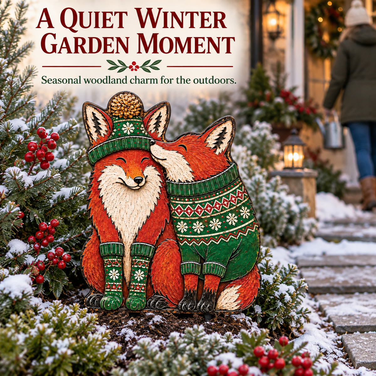Christmas Fox Garden Stake Winter Woodland Yard Decor Couple Fox Metal Garden Art Holiday Outdoor Decor Fox Lover Gift — Winter Garden Viewing Scene