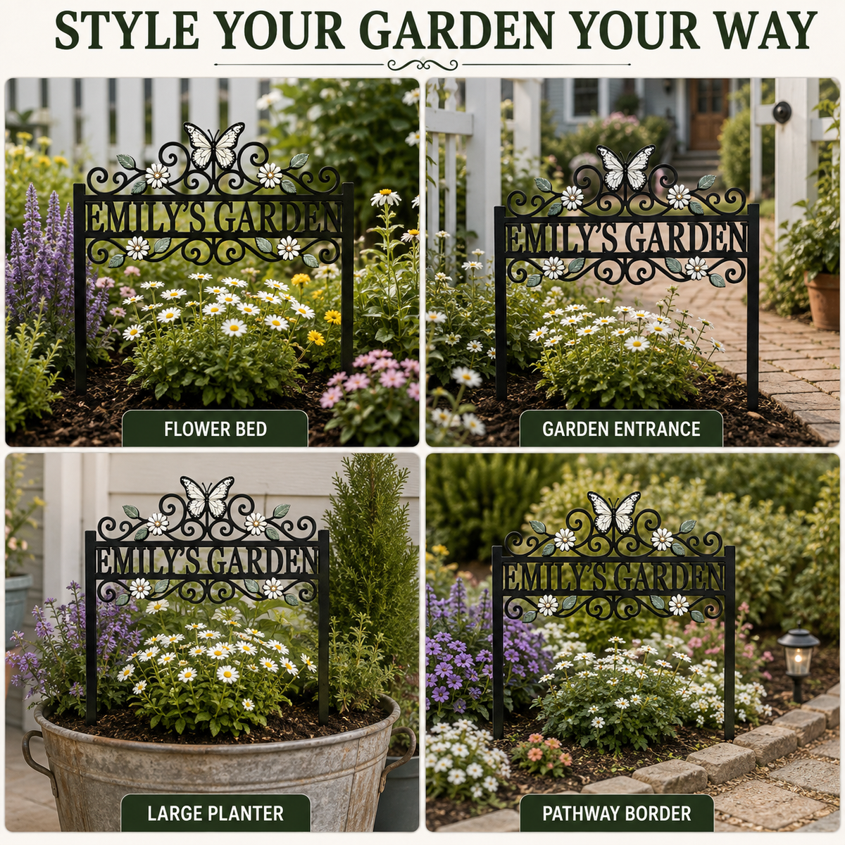 Four Outdoor Placements - Custom Name Garden Stake Personalized Butterfly Garden Decor Daisy Floral
