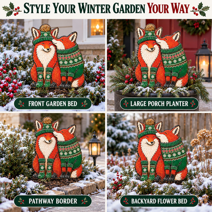 Christmas Fox Garden Stake Winter Woodland Yard Decor Couple Fox Metal Garden Art Holiday Outdoor Decor Fox Lover Gift — Four Outdoor Placements