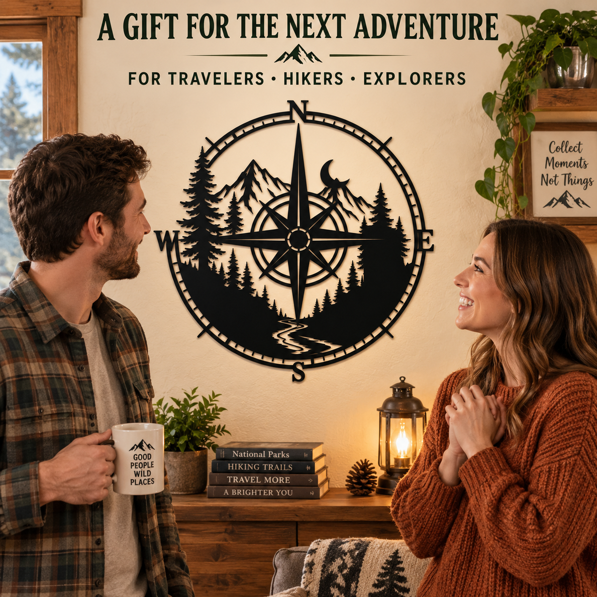 Metal Compass Wall Art Mountain Wall Art Adventure Decor Cabin Wall Art Travel Gift Nature Lover Gift With LED — Gift Moment