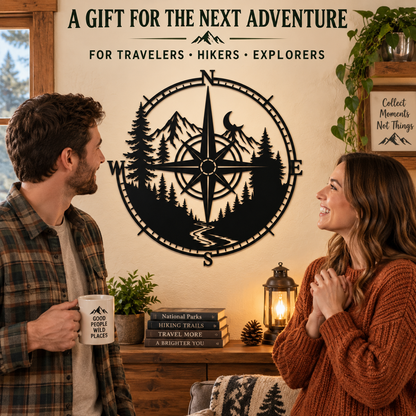 Metal Compass Wall Art Mountain Wall Art Adventure Decor Cabin Wall Art Travel Gift Nature Lover Gift With LED — Gift Moment
