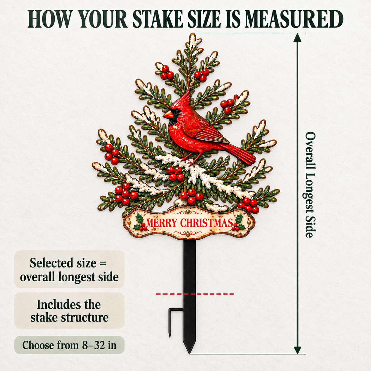 Custom Cardinal Christmas Pine Tree Metal Garden Stake Personalized Christmas Yard Art Cardinal Garden Decor Outdoor Holiday Decor — Size Measurement Explanation