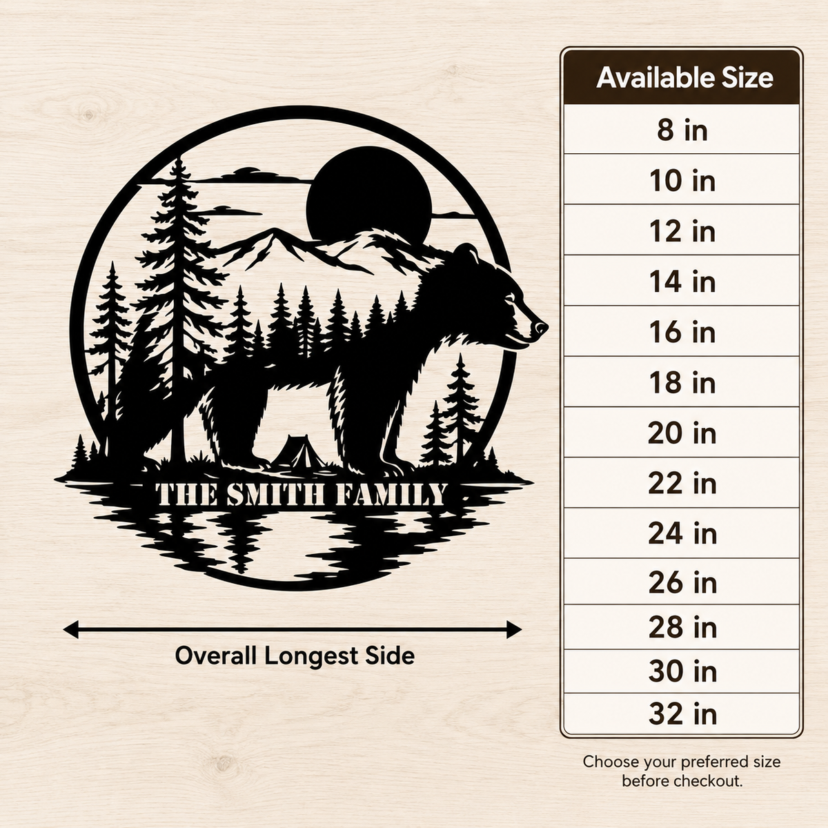 Wall Art Size Table - Personalized Bear Metal Sign Custom Family Name Cabin Wall Decor