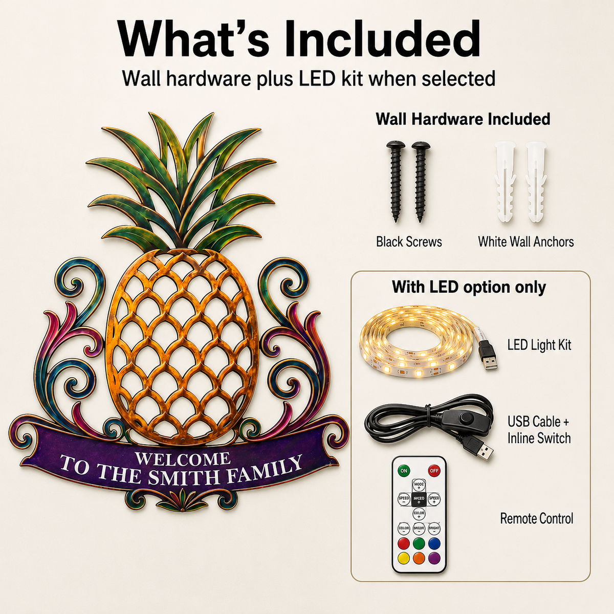 What’s Included - Custom Pineapple Welcome Metal Sign Personalized Family Name Sign Entryway