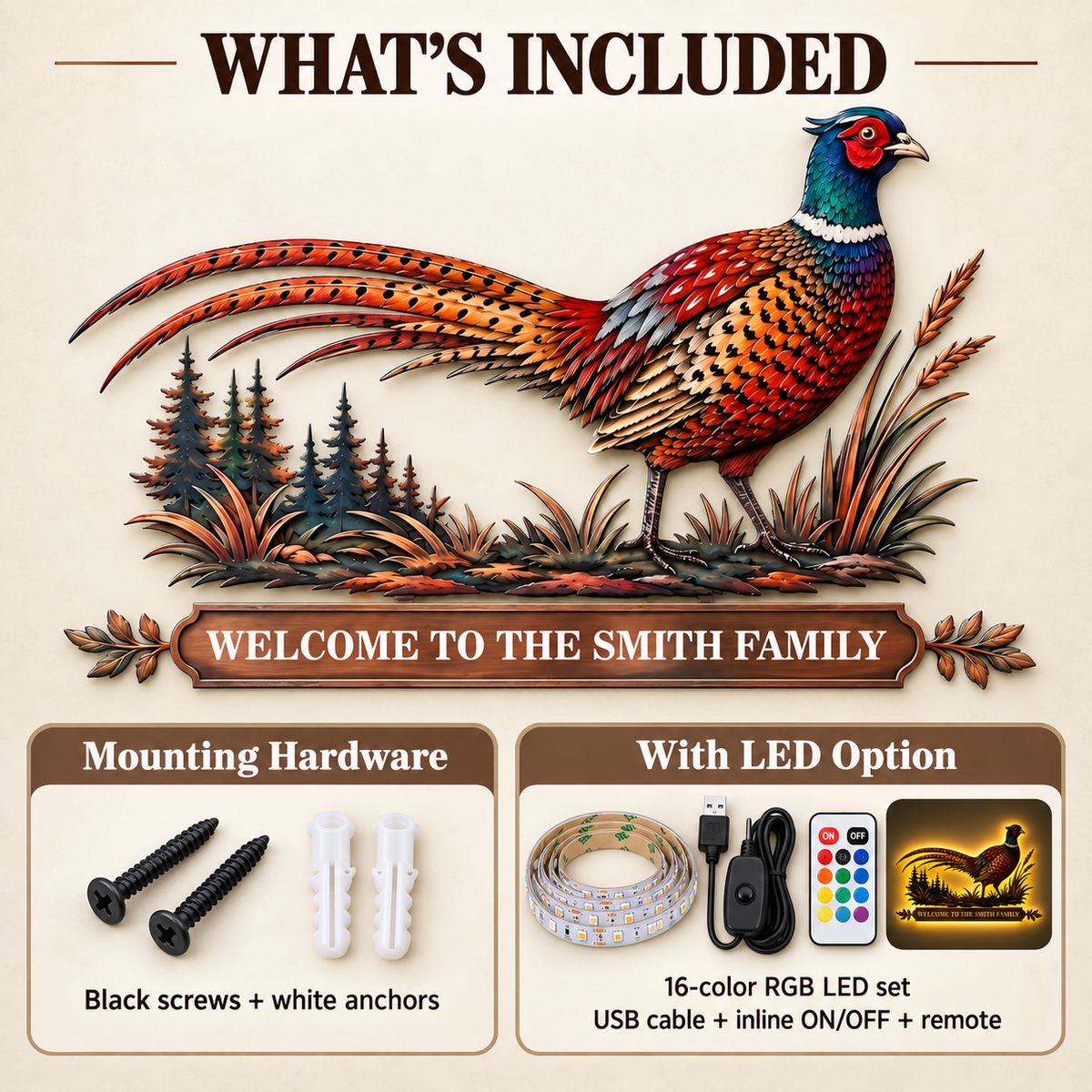 Personalized Pheasant Metal Wall Art Family Name Sign Custom Cabin Wall Decor Wildlife Lodge Decor With LED — What's Included