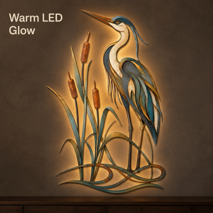 With LED Feature — Heron Metal Wall Art Blue Heron Wall Decor Great Blue