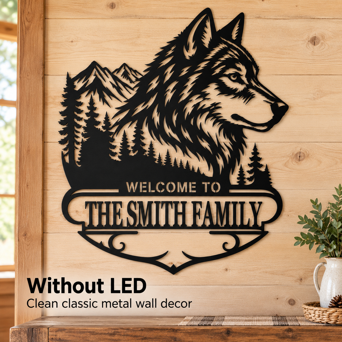Without LED Lifestyle - Custom Wolf Metal Wall Art Personalized Cabin Sign Rustic Wildlife