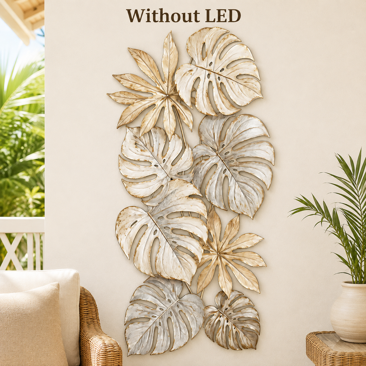 Without LED Lifestyle - Tropical Leaf Metal Wall Art Monstera Wall Decor Botanical Patio