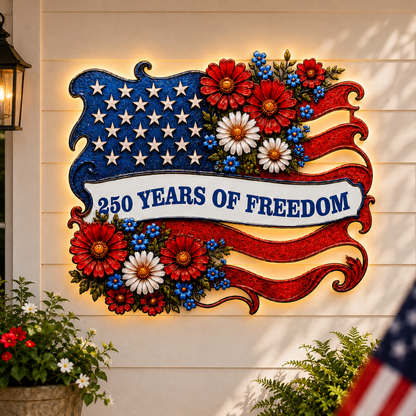 Metal American Flag Sign, Personalized Patriotic Wall Decor, Custom 250 Years of Freedom Gift, Optional LED — Main 00 led