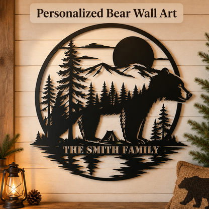 Main_01 - Personalized Bear Metal Sign Custom Family Name Cabin Wall Decor