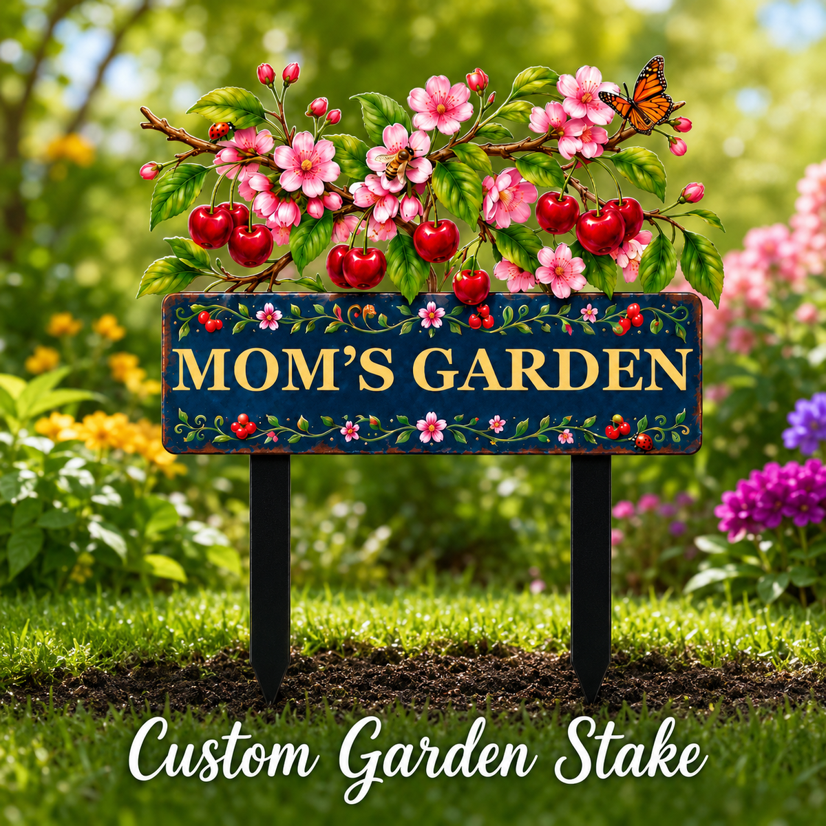 Personalized Cherry Garden Stake, Mom's Garden Metal Yard Sign, Cherry Blossom Yard Decor, Custom Outdoor Garden Gift — Main 01