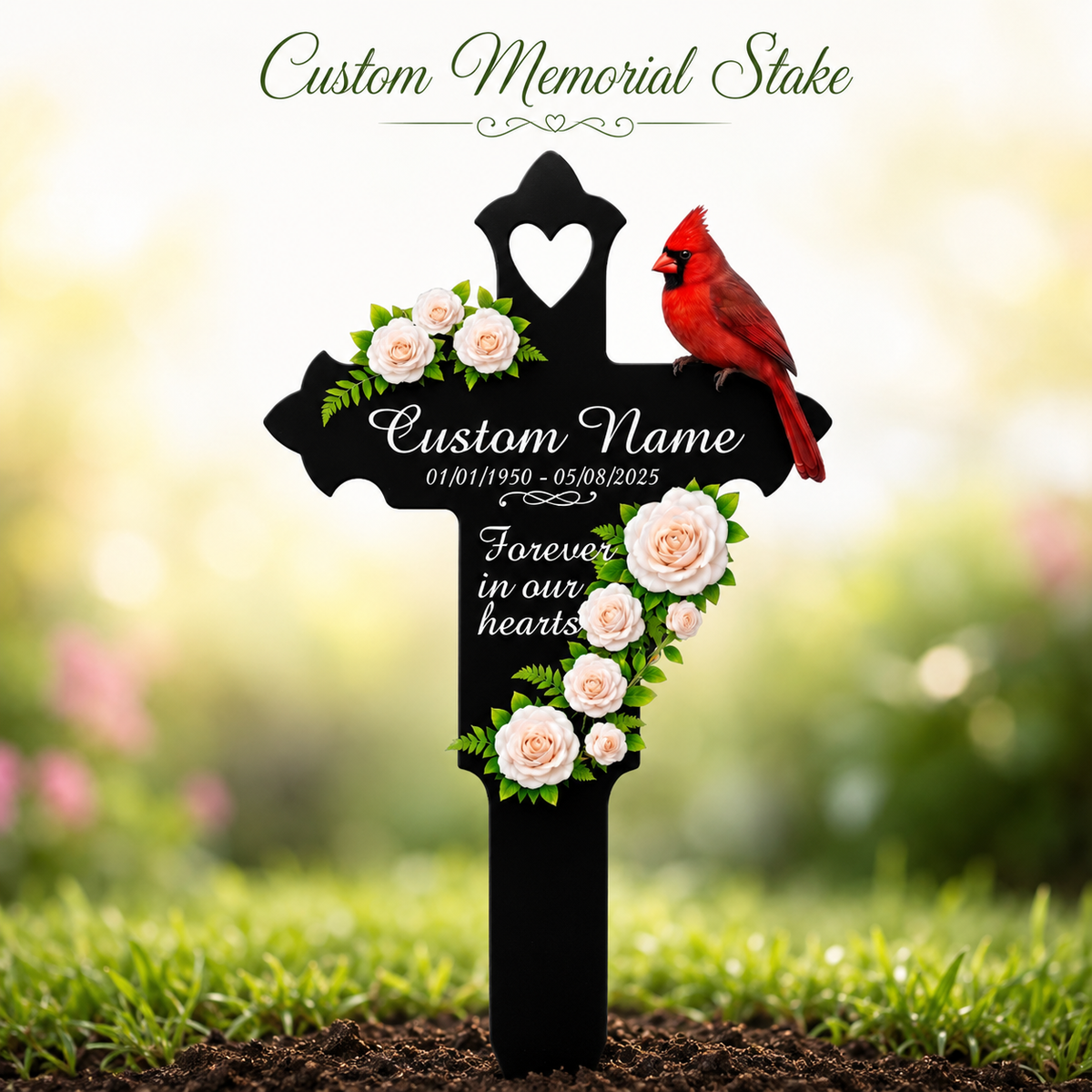 Memorial Gift Garden Stake, Personalized Cardinal Cross Metal Yard Sign, Sympathy Gift for Loss of Mom Dad Grandma, Custom Name Date — Main 01