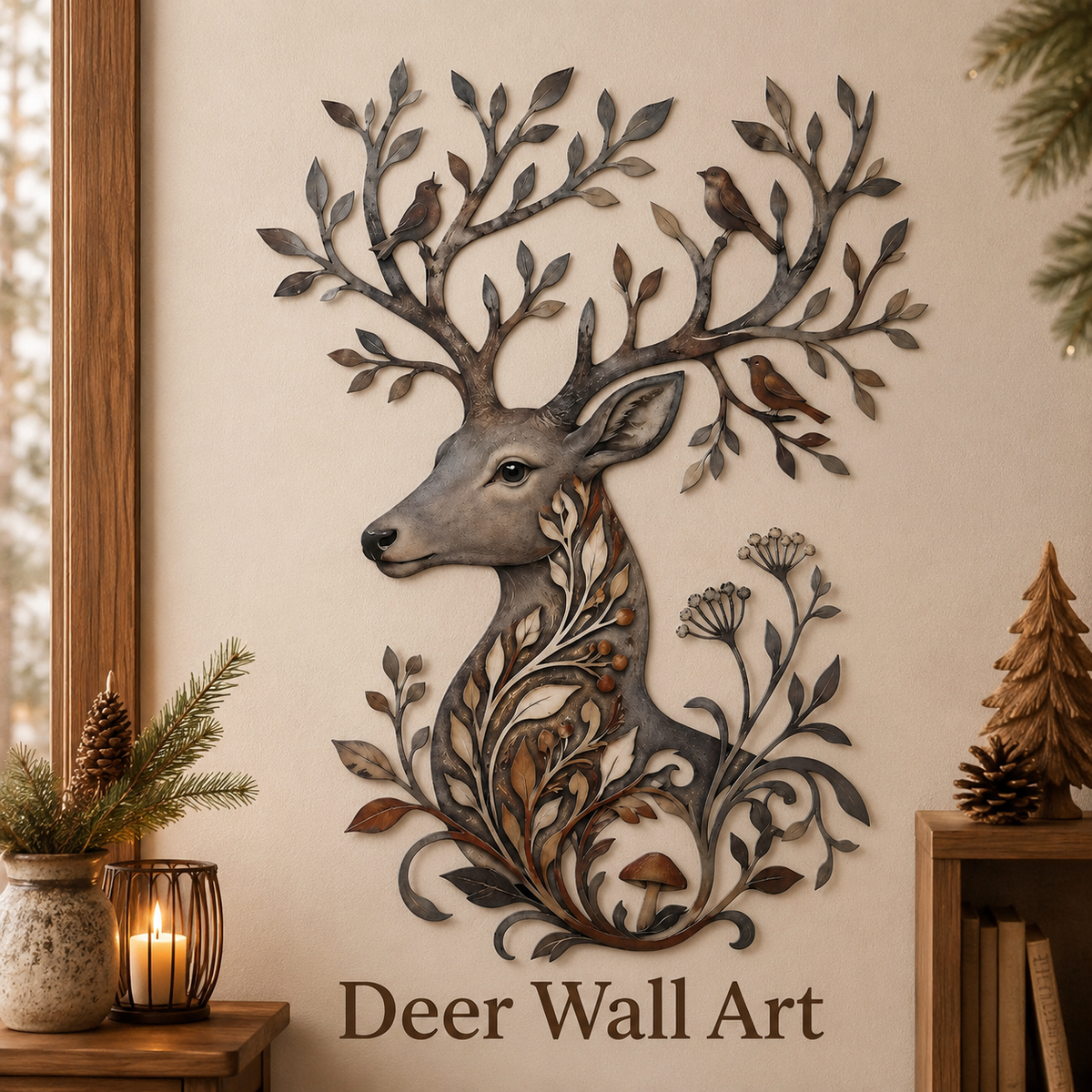 Main_01 - Botanical Deer Metal Wall Art Woodland Wildlife Decor Deer Antler