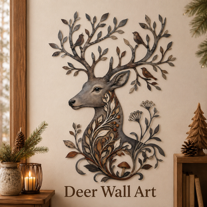Main_01 - Botanical Deer Metal Wall Art Woodland Wildlife Decor Deer Antler