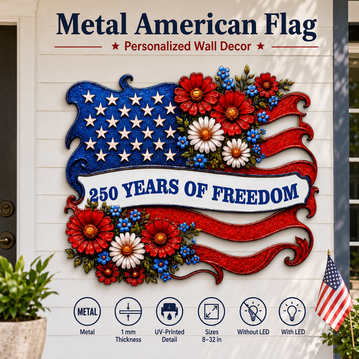 Metal American Flag Sign, Personalized Patriotic Wall Decor, Custom 250 Years of Freedom Gift, Optional LED — Main 01