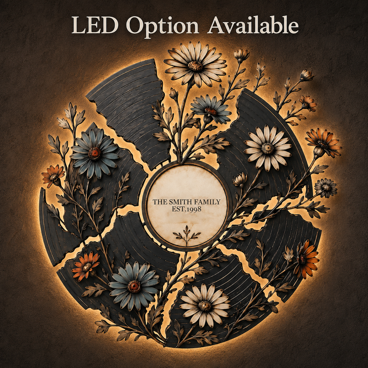Main_01_Led - Personalized Floral Record Metal Wall Art Custom Vinyl Record Decor