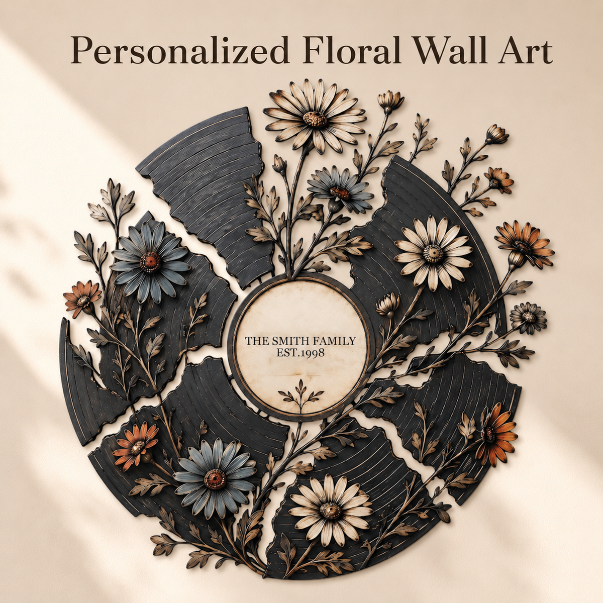 Main_01 - Personalized Floral Record Metal Wall Art Custom Vinyl Record Decor