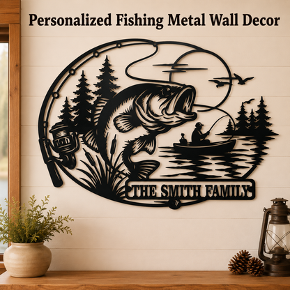 Main_01 - Personalized Fishing Metal Sign Custom Family Name Bass Fishing Wall