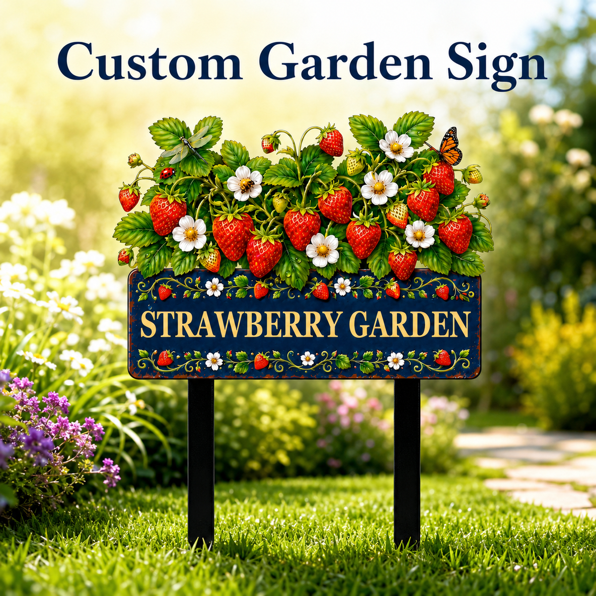 Personalized Strawberry Garden Stake Sign, Custom Metal Yard Decor, Berry Garden Sign, Spring Garden Gift for Gardeners — Main 01