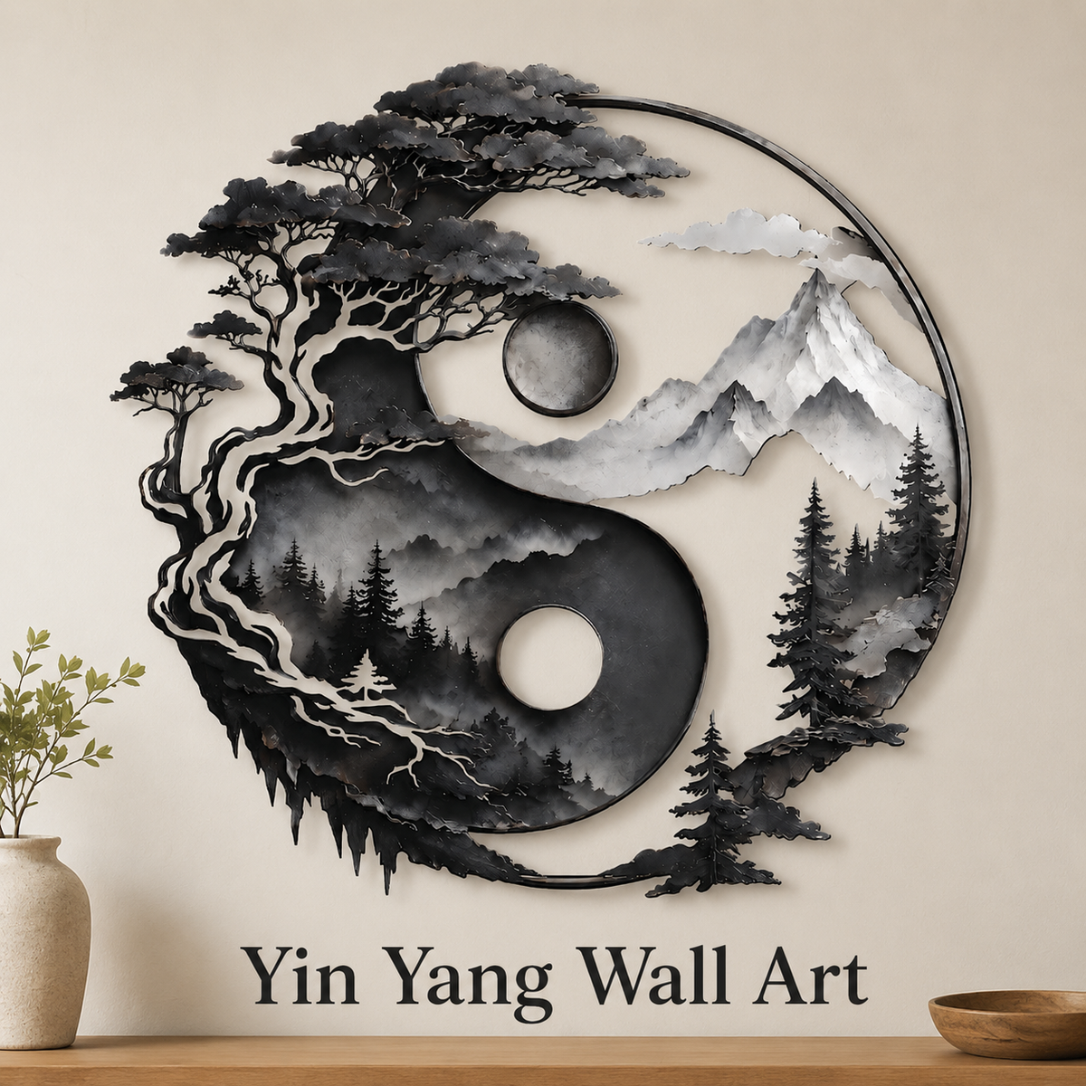 Yin Yang Metal Wall Decor, Mountain and Tree Wall Art, Zen Nature Wall Sign, Rustic Landscape Home Decor With LED — Main 01