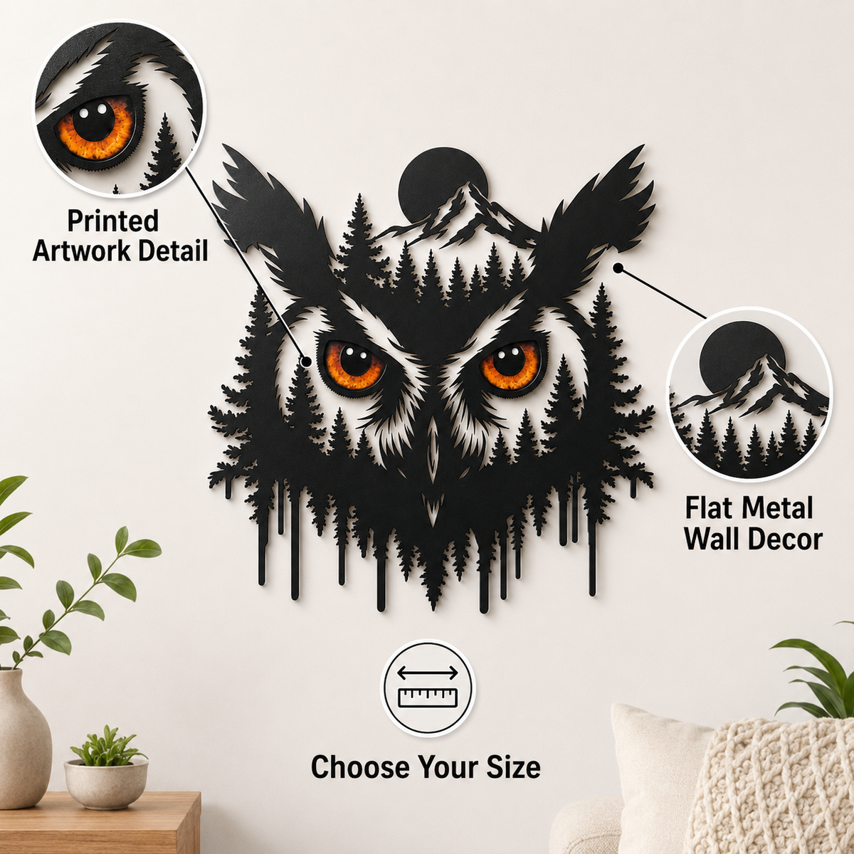 Main_02 - Owl Metal Wall Art Glowing Owl Eyes Wildlife Art Woodland