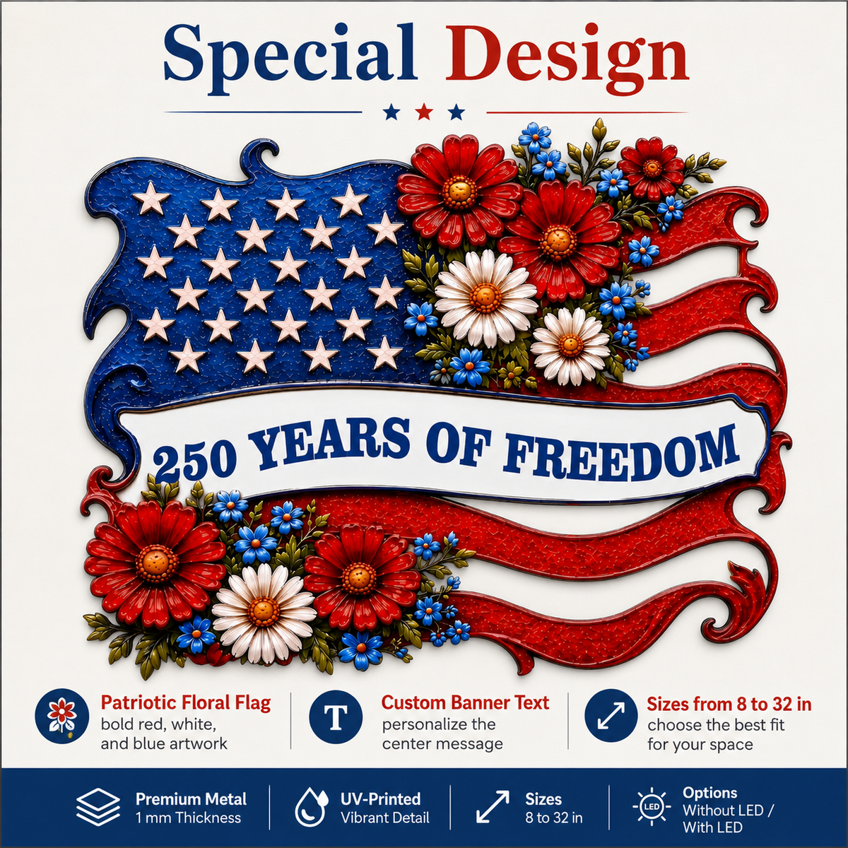 Metal American Flag Sign, Personalized Patriotic Wall Decor, Custom 250 Years of Freedom Gift, Optional LED — Main 02