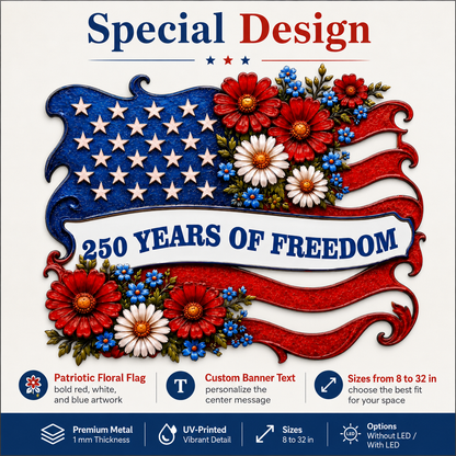 Metal American Flag Sign, Personalized Patriotic Wall Decor, Custom 250 Years of Freedom Gift, Optional LED — Main 02