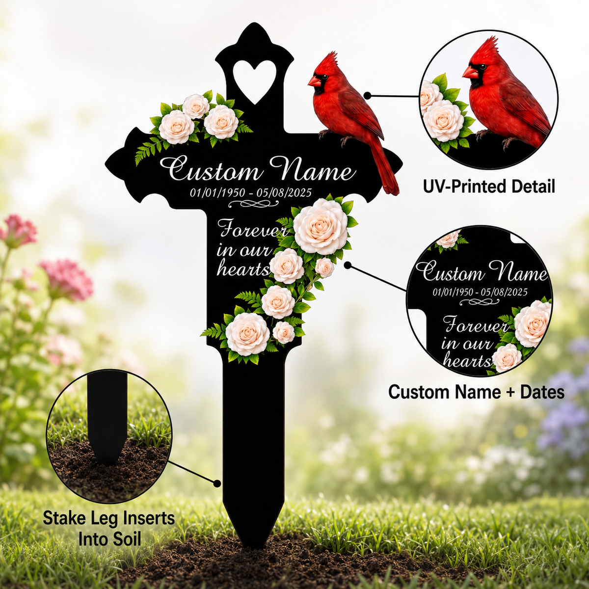 Memorial Gift Garden Stake, Personalized Cardinal Cross Metal Yard Sign, Sympathy Gift for Loss of Mom Dad Grandma, Custom Name Date — Main 02