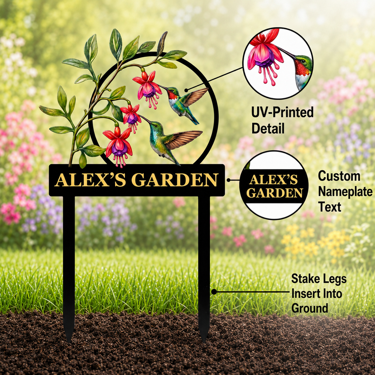 Personalized Hummingbird Garden Stake Fuchsia Flower Garden Decor Custom Garden Name Sign Bird Lover Gift — Main 02