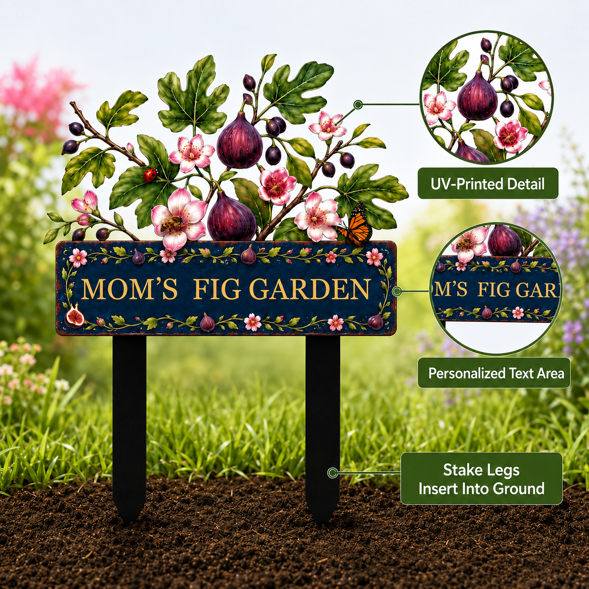 Personalized Fig Garden Stake, Custom Metal Garden Sign, Fig Tree Yard Decor, Mom’s Fig Garden Gift for Garden Lover — Main 02