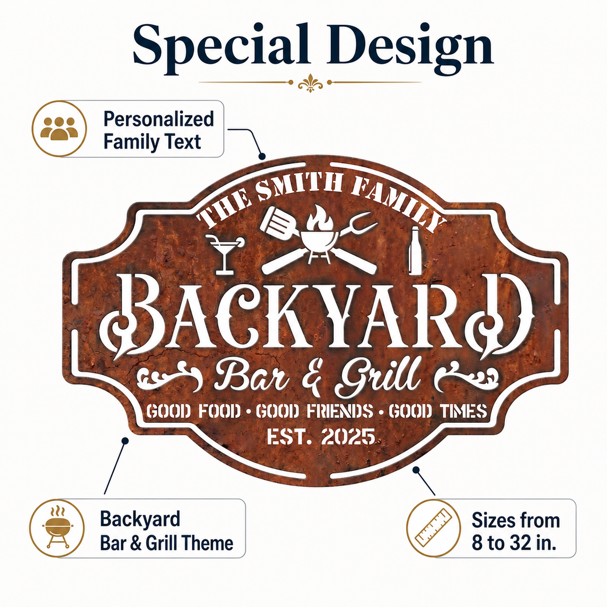 Personalized Backyard Bar & Grill Metal Sign, Custom Family Name Wall Decor, Rustic Patio BBQ Sign with Optional LED — Main 02